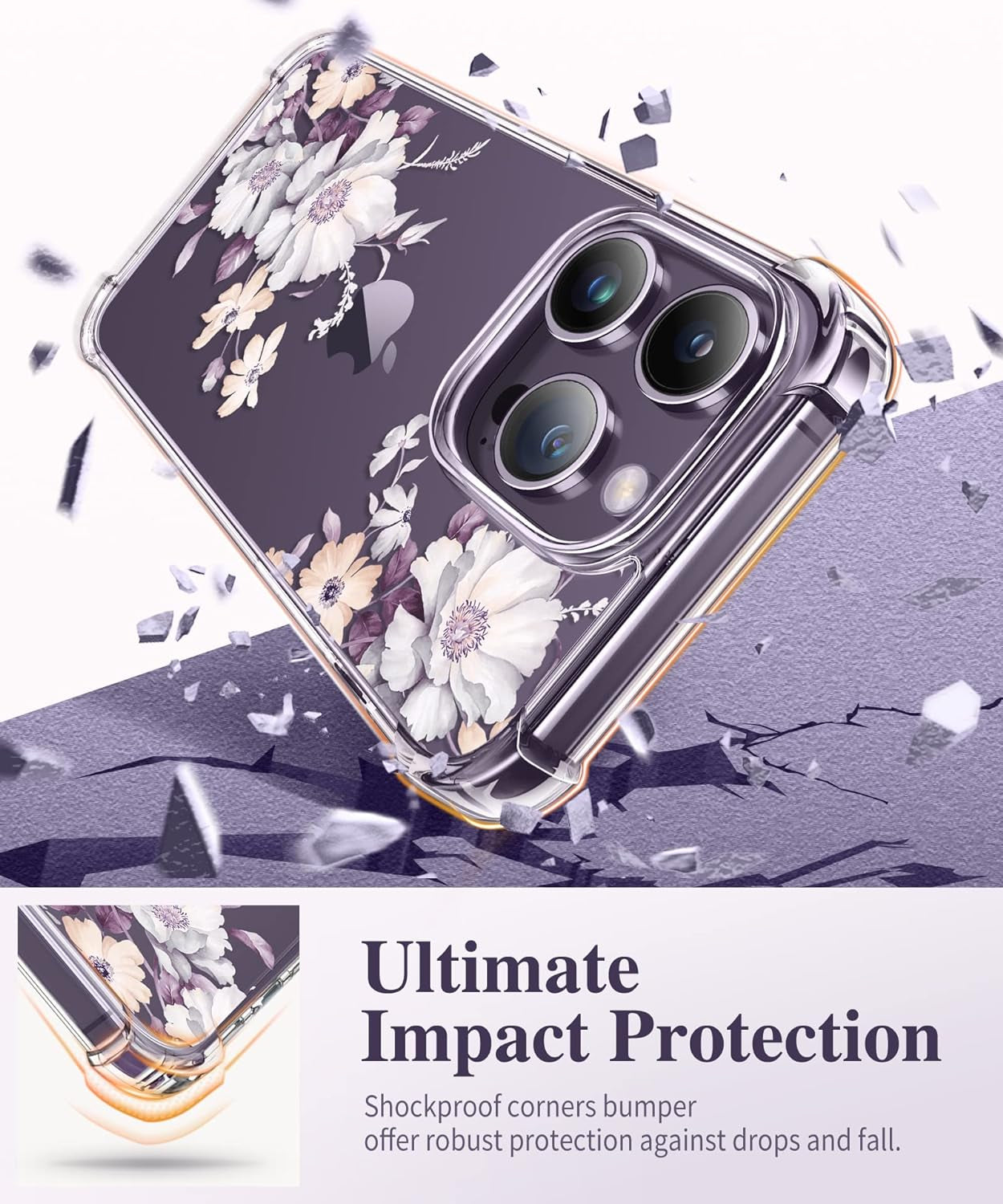 GVIEWIN for Iphone 14 Pro Case with Screen Protector & Camera Lens Protector, Floral Slim Shockproof Protective Hard PC+TPU Bumper Flower Women Phone Cover for 14 Pro, 6.1"(Aster/Purple)  GVIEWIN   