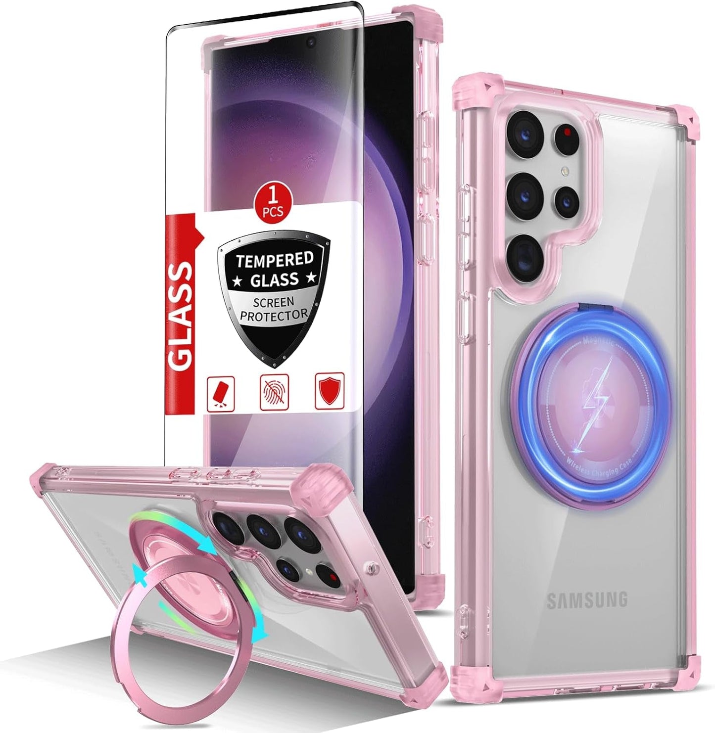 For Samsung Galaxy S22 Ultra Case Magnetic Compatible with Magsafe Galaxy S22Ultra Case with Glass Screen Protector,With Kickstand Military Grade Drop Protection Shockproof S22Ultra Case Clear