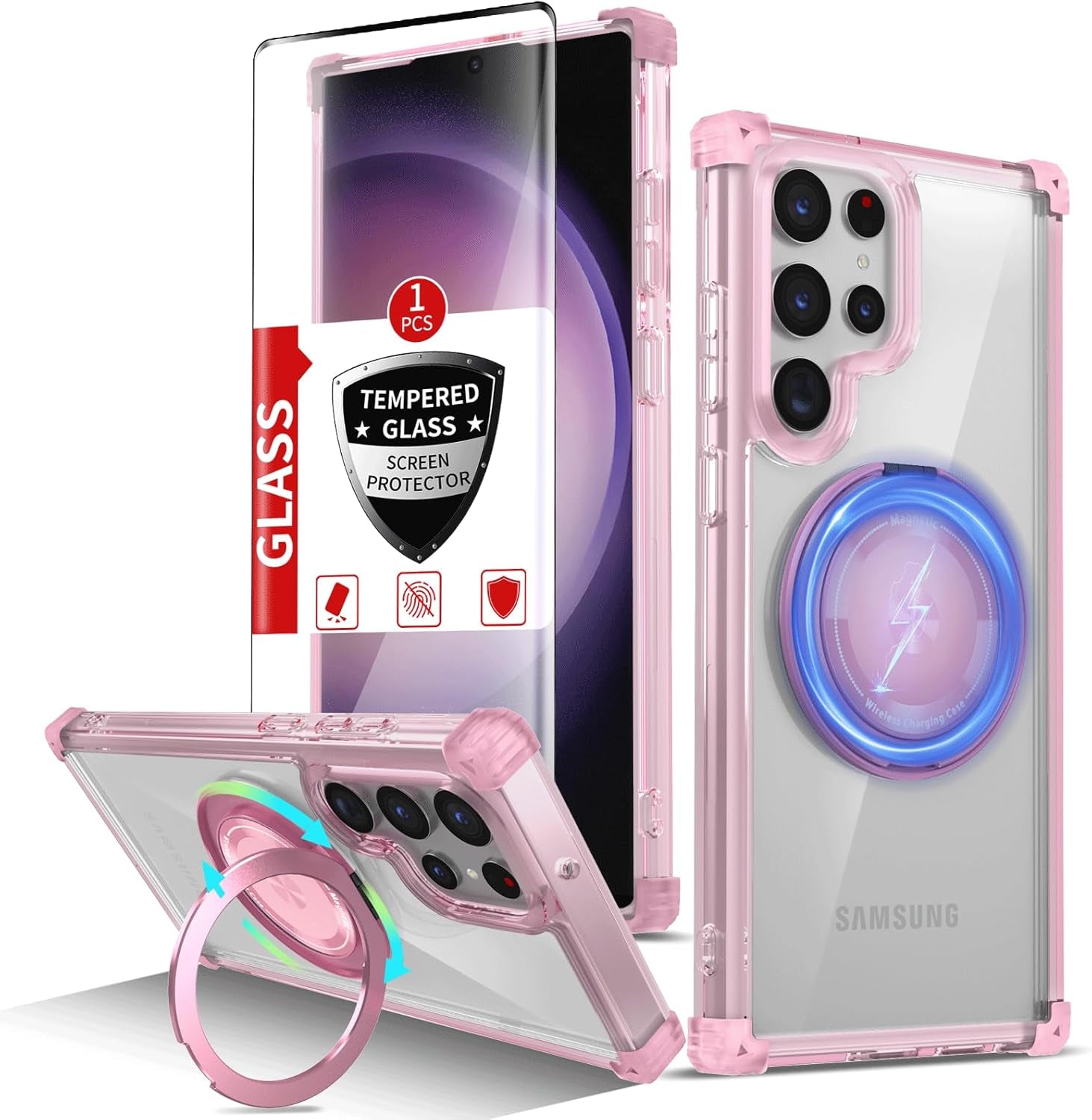 For Samsung Galaxy S22 Ultra Case Magnetic Compatible with Magsafe Galaxy S22Ultra Case with Glass Screen Protector,With Kickstand Military Grade Drop Protection Shockproof S22Ultra Case Clear