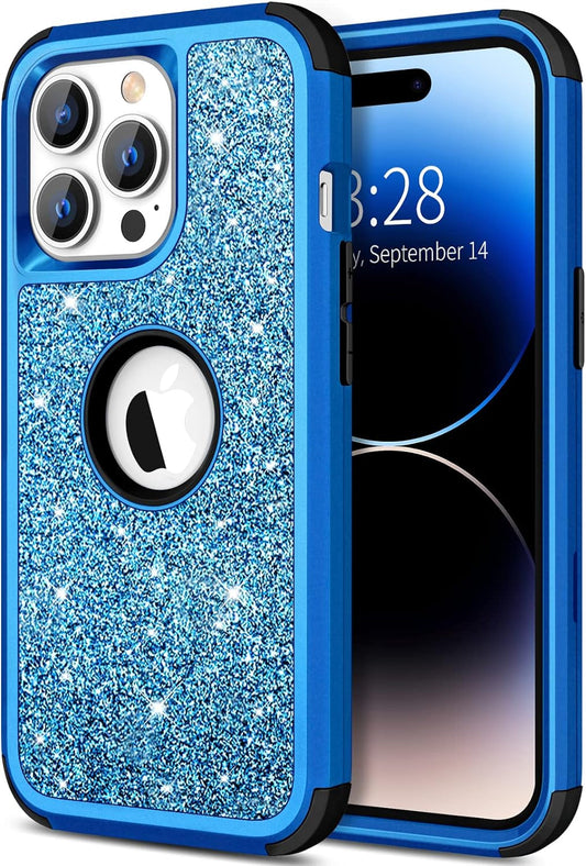 Hython for Iphone 14 Pro Case, Heavy Duty Full-Body Defender Protective Phone Cases Glitter Bling Sparkle Hard Shell Hybrid Shockproof/Drop Proof 3-Layer Military Rubber Bumper Cover Women Girls, Blue  Hython   