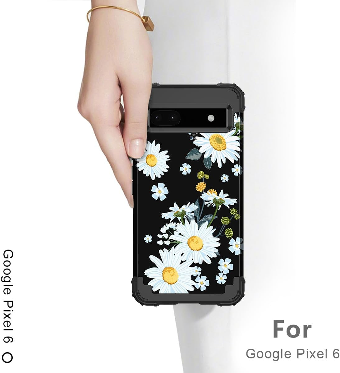 Hekodonk for Google Pixel 6 Case,Heavy Duty Shockproof Protection Hard Plastic+Silicone Rubber Hybrid 3 in 1 Drop Protective Case for Google Pixel 6 Black Flower  Hekodonk   