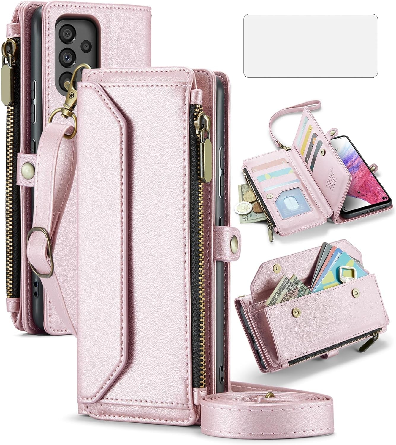 Asuwish Phone Case for Samsung Galaxy A53 5G Zipper Wallet Cover with Tempered Glass Screen Protector and Flip RFID Blocking Credit Card Holder Cell a 53 G5 53A SM A536U 6.5" 2022 Women Girls Wine Red