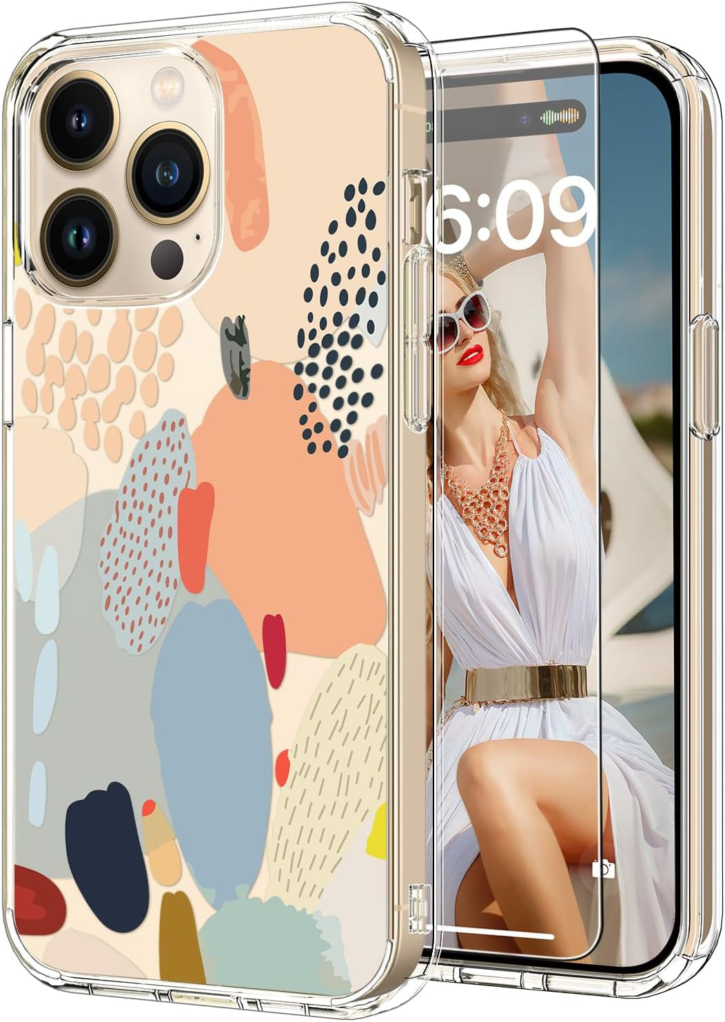 ICEDIO for Iphone 15 Pro Case with Screen Protector-Clear with Fashionable Trendy Patterns-Designed for Girls Women-Slim Fit Cover-Protective Phone Case 6.1" Cute Blooming Pink Floral  ICEDIO Multi-Colored Painting  