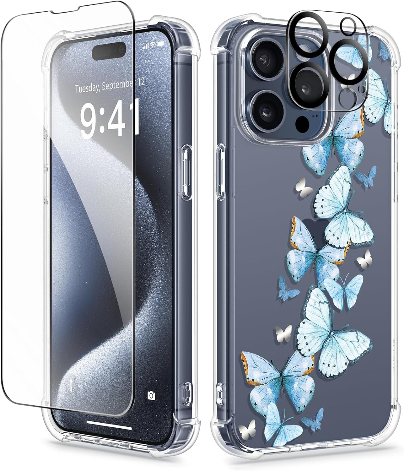 GVIEWIN for Iphone 15 Pro Case Floral, with Screen Protector+Camera Lens Protector, [Not Yellowing] Slim Shockproof Clear Phone Protective Cover for Women, Flower Pattern Design (Ranunculus/Pink)  GVIEWIN Morpho Butterfly  