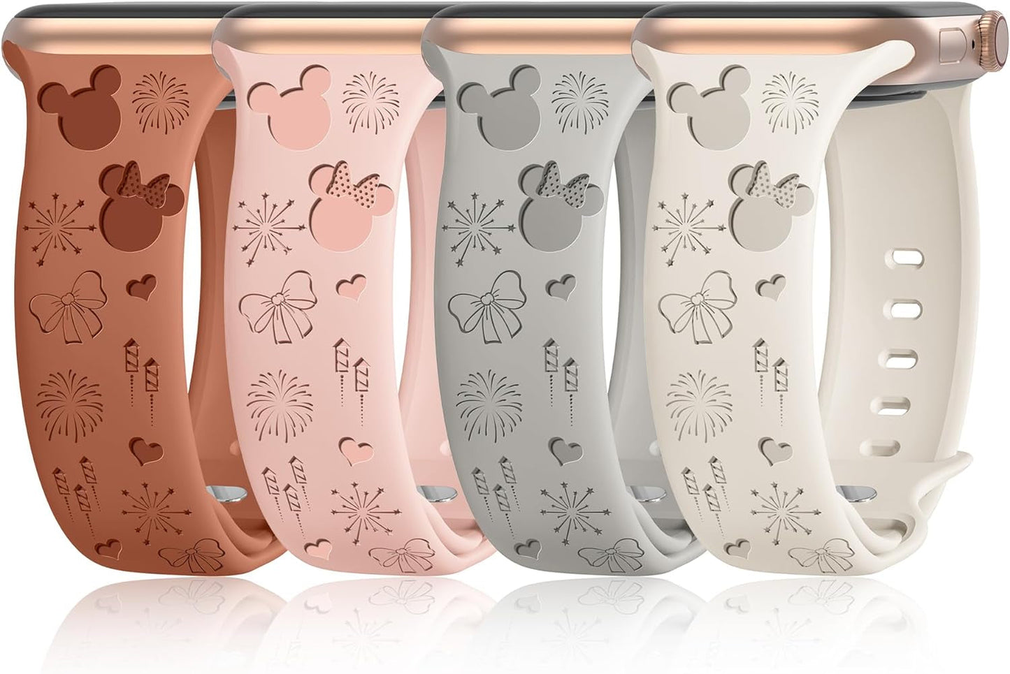 4 Pack Cartoon Engraved Bands Compatible with Apple Watch Band 40Mm 41Mm 38Mm 42Mm 44Mm 45Mm 49Mm Women,Soft Silicone Cute Designer Strap for Iwatch Bands Series SE 8 6 5 4 3 2 1 Ultra