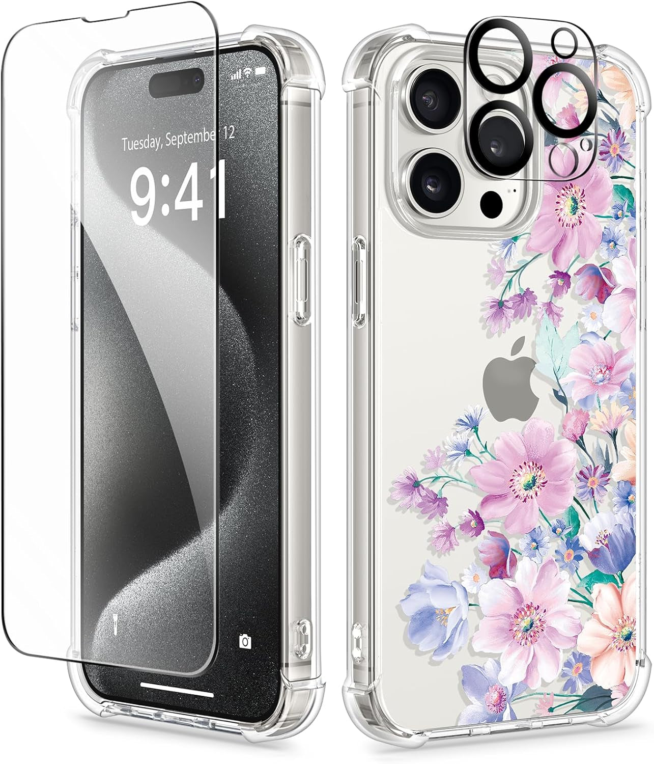 GVIEWIN for Iphone 15 Pro Case Floral, with Screen Protector+Camera Lens Protector, [Not Yellowing] Slim Shockproof Clear Phone Protective Cover for Women, Flower Pattern Design (Ranunculus/Pink)  GVIEWIN   