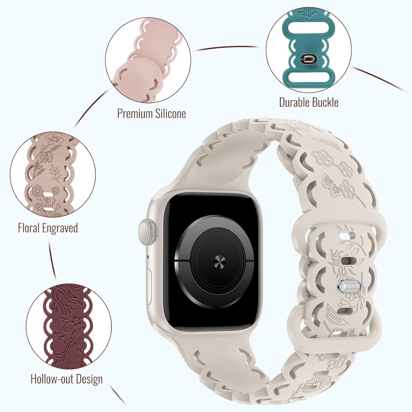 4 Pack Floral Engraved Silicone Bands Compatible with Apple Watch Band 38Mm 40Mm 41Mm 42Mm 44Mm 45Mm 49Mm Women, Soft Lace Cute Strap Flower Wristbands for Iwatch Series 9 8 7 6 5 4 3 2 1 SE Ultra