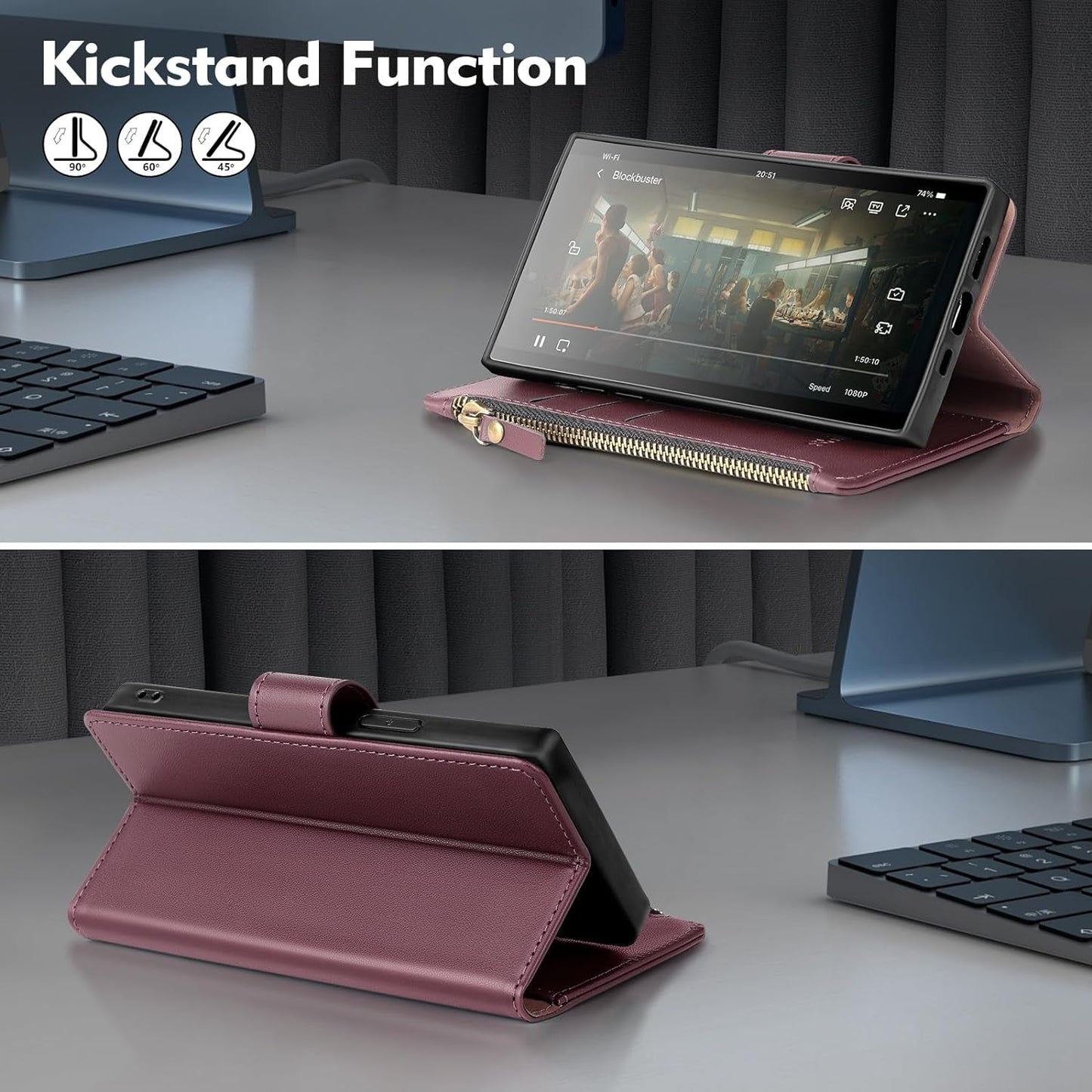 For Samsung Galaxy S22 Ultra 5G Wallet Case,Galaxy S22 Ultra Phone Case PU Leather Flip Folio Protective Cover Zipper Pocket Credit Card Slots Holder RFID Blocking,For Women Men,Wine Red