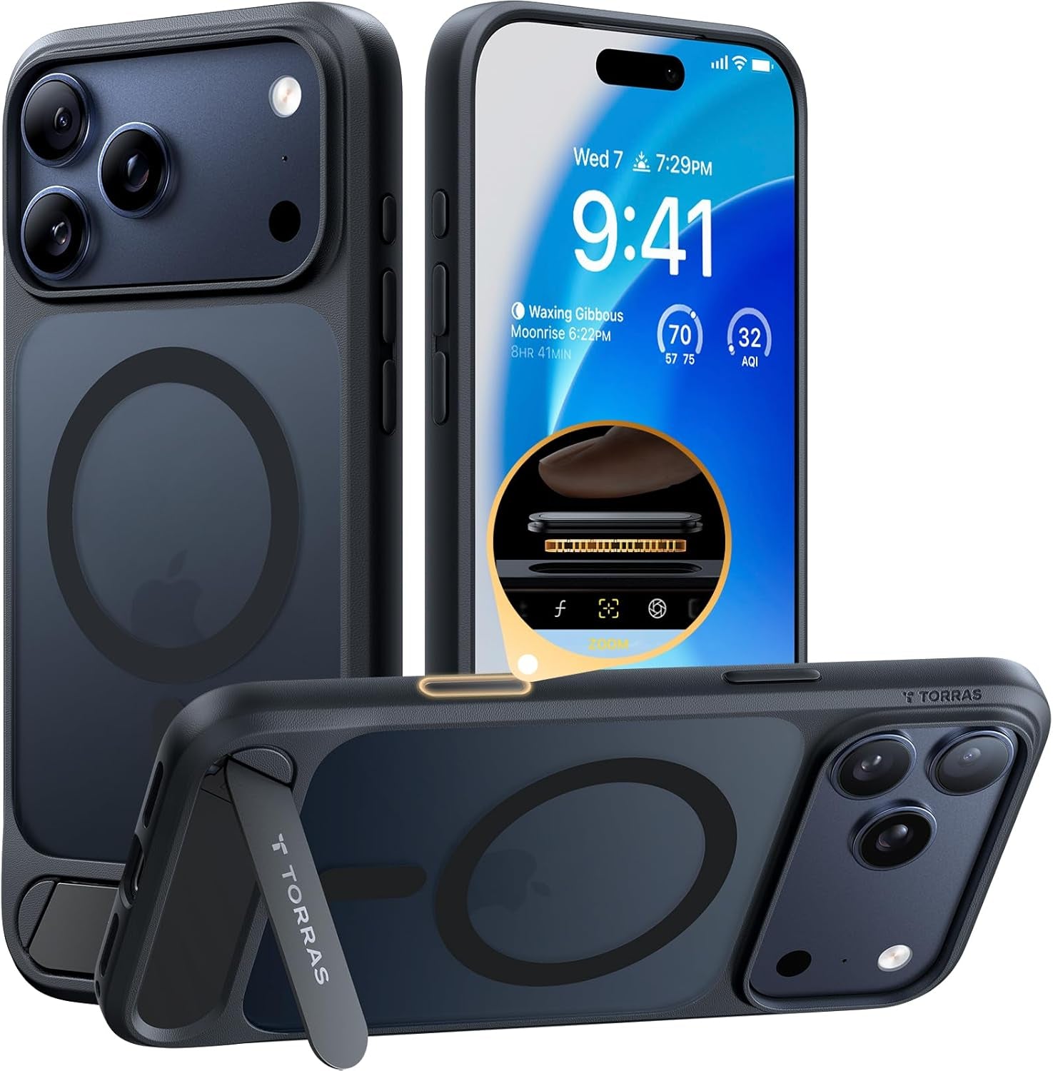 TORRAS Strong Magnetic & Seamless Stand for Iphone 17 Pro Max Case, Fit for Magsafe, Military Grade Drop Protection, Invisible Adjustable Kickstand, Camera Control Button, Translucent Matte Deep Blue