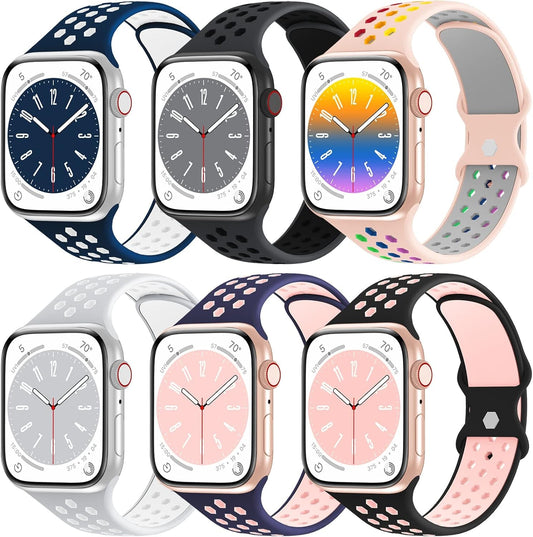 Aopigavi 6 Pack Breathable Sport Bands Compatible with Apple Watch Band 38Mm 40Mm 41Mm 42Mm 44Mm 45Mm 49Mm for Women Men, Soft Silicone Strap Wristband for Iwatch SE Series Ultra 9/8/7/6/5/4/3/2/1 Band