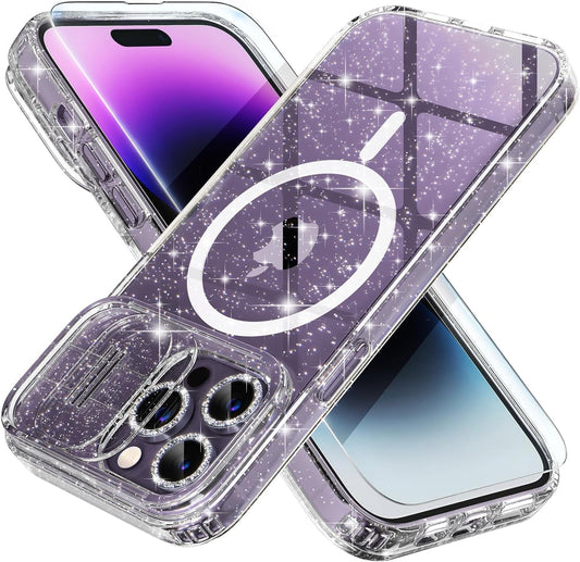 Choiche Magnetic Case for Iphone 14 Pro Max Case, Women Clear Glitter Sparkly Case, [Slide Camera Cover & 3 Diamond Camera Lens Protectors & 2 Screen Protectors] [Compatible Magsafe] (Glitter Clear)  Choiche   