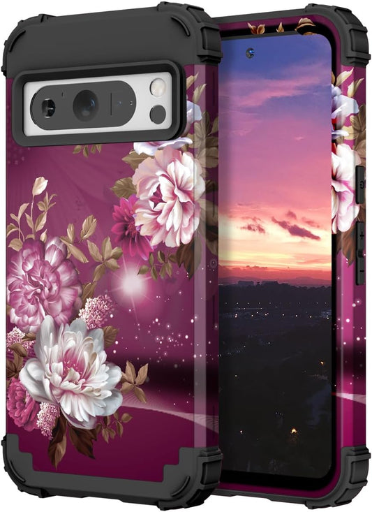 Hocase for Google Pixel 8 Pro Case, Shockproof Heavy Duty Protection Hard Plastic+Silicone Rubber Bumper Hybrid Protective Case for Google Pixel 8 Pro 5G (6.7") 2023 - Royal Purple Flowers  Hocase Royal Purple Flowers  