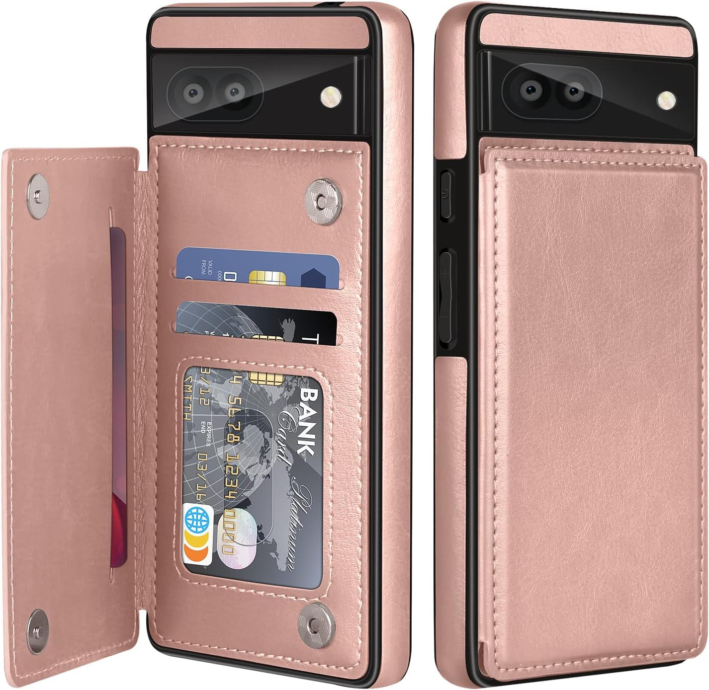 For Google Pixel 6A Case Leather Wallet with Card Holder, Flip Cover Kickstand Card Slots Magnetic Closure Shockproof Heavy Duty Protective Case for Google Pixel 6A 6.1Inch 5G-Rose Gold  Bizzib A-Rose Gold  