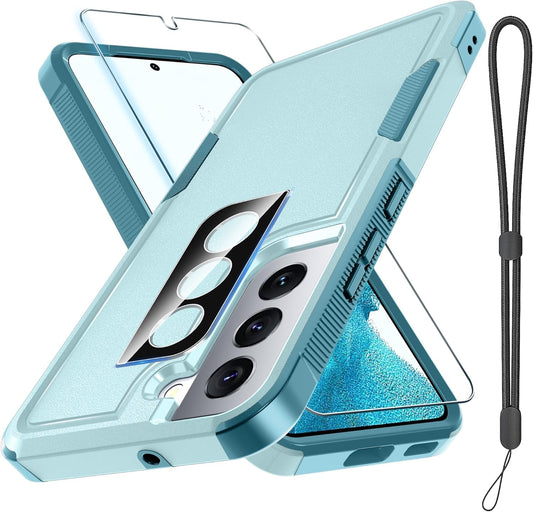 For Samsung Galaxy S22 Case, Full Body Heavy Duty Rugged Shockproof Protective Phone Cover with Lanyard Strap, Tempered Glass Screen Protector and Camera Lens Cover, Mint Green