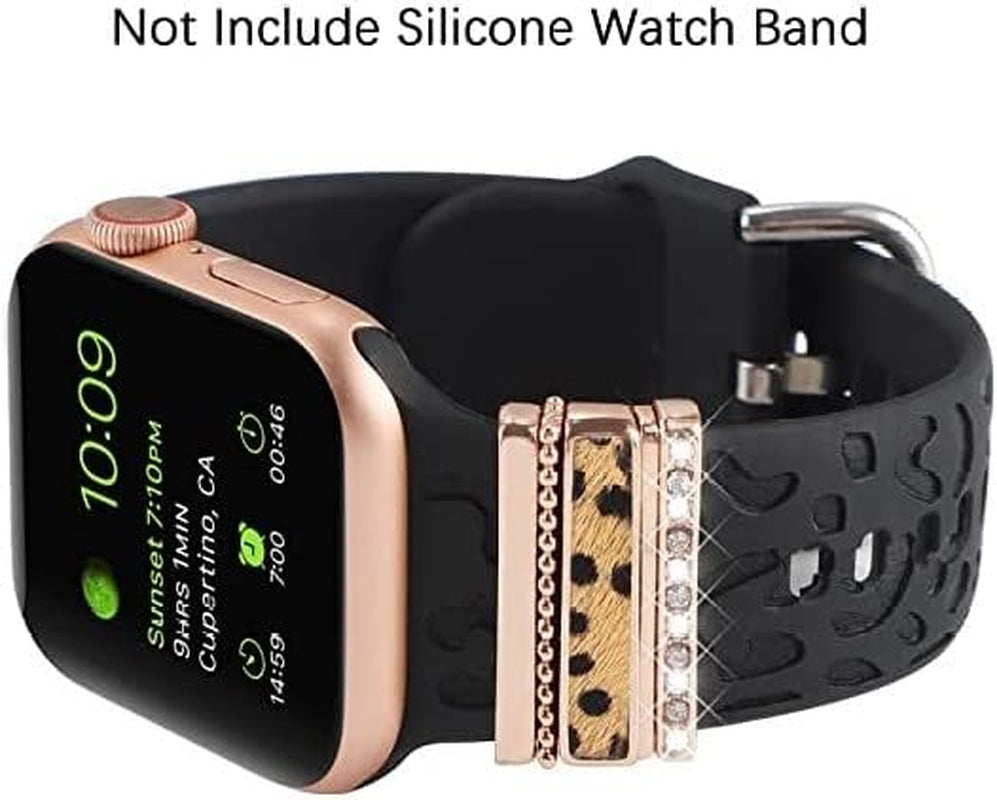 Decorative Rings Loops Compatible with Apple Watch Silicone Bands Metal Diamond Charms 45Mm 44Mm 42Mm 41Mm 40Mm 38Mm Iwatch Series 8 7 6 5 4 3 2 1 Accessories, Rose Gold Cheetah, Adjustable