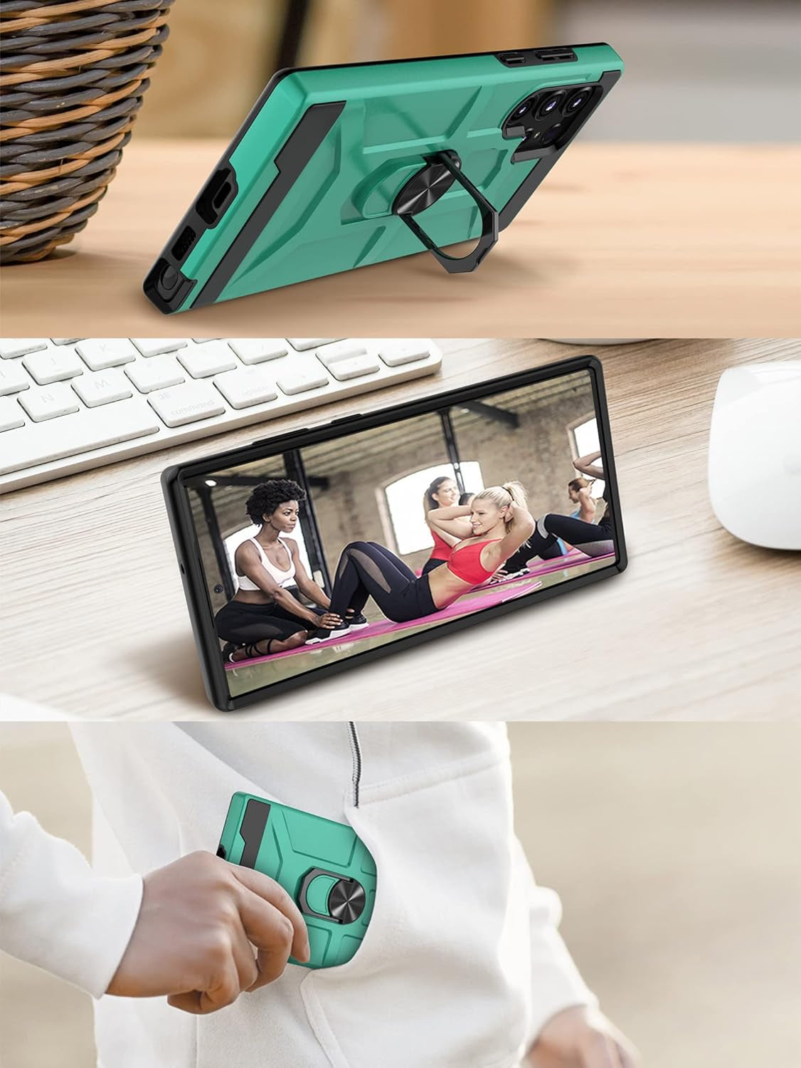 For Samsung Galaxy S22 Ultra Case with Screen Protector, 360 Rotate Ring Kickstand [Work with Magnetic Car Mount], Military Grade Shockproof Phone Case for Samsung S22 Ultra 6.8 Inch, Turquoise