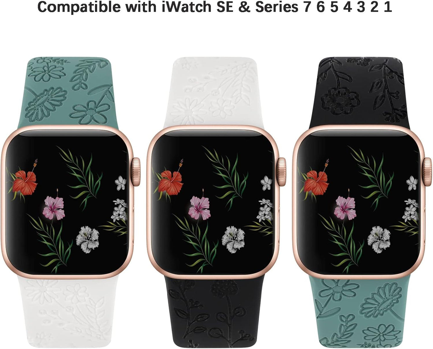 Floral Engraved Sport Bands Compatible with Apple Watch Band 38Mm 40Mm 41Mm, Women Cute Flower Pattern Soft Silicone Strap Smartwatch Wristband Accessories for Iwatch Series 8 7 6 5 4 3 2 1 SE