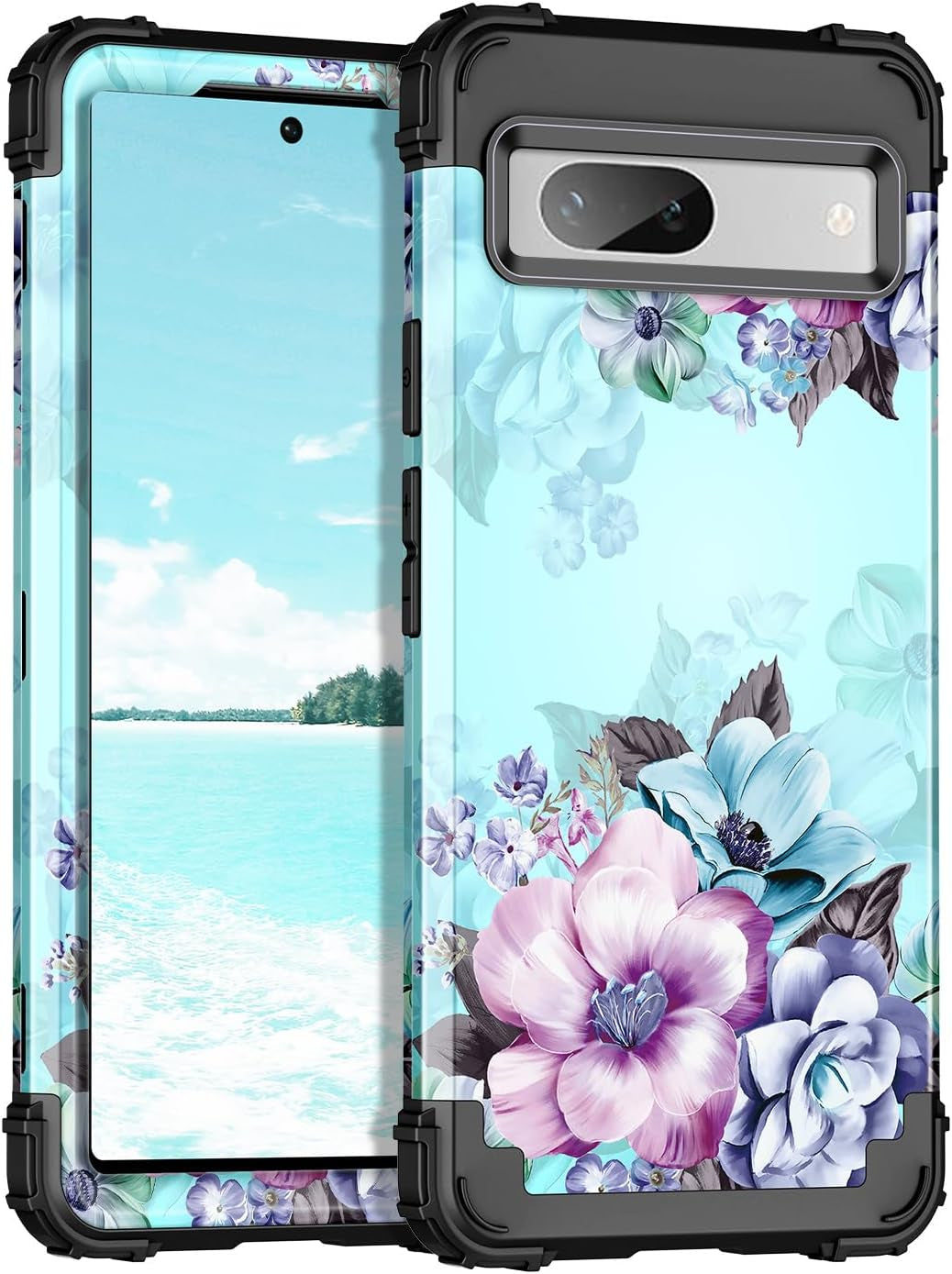 Casetego Compatible with Google Pixel 7A Case,Three Layer Heavy Duty Sturdy Shockproof Full Body Rugged Hard Pc+Soft TPU Bumper Protective Case for Google Pixel 7A 5G 2023,Butterfly  Casetego Blue Flower  