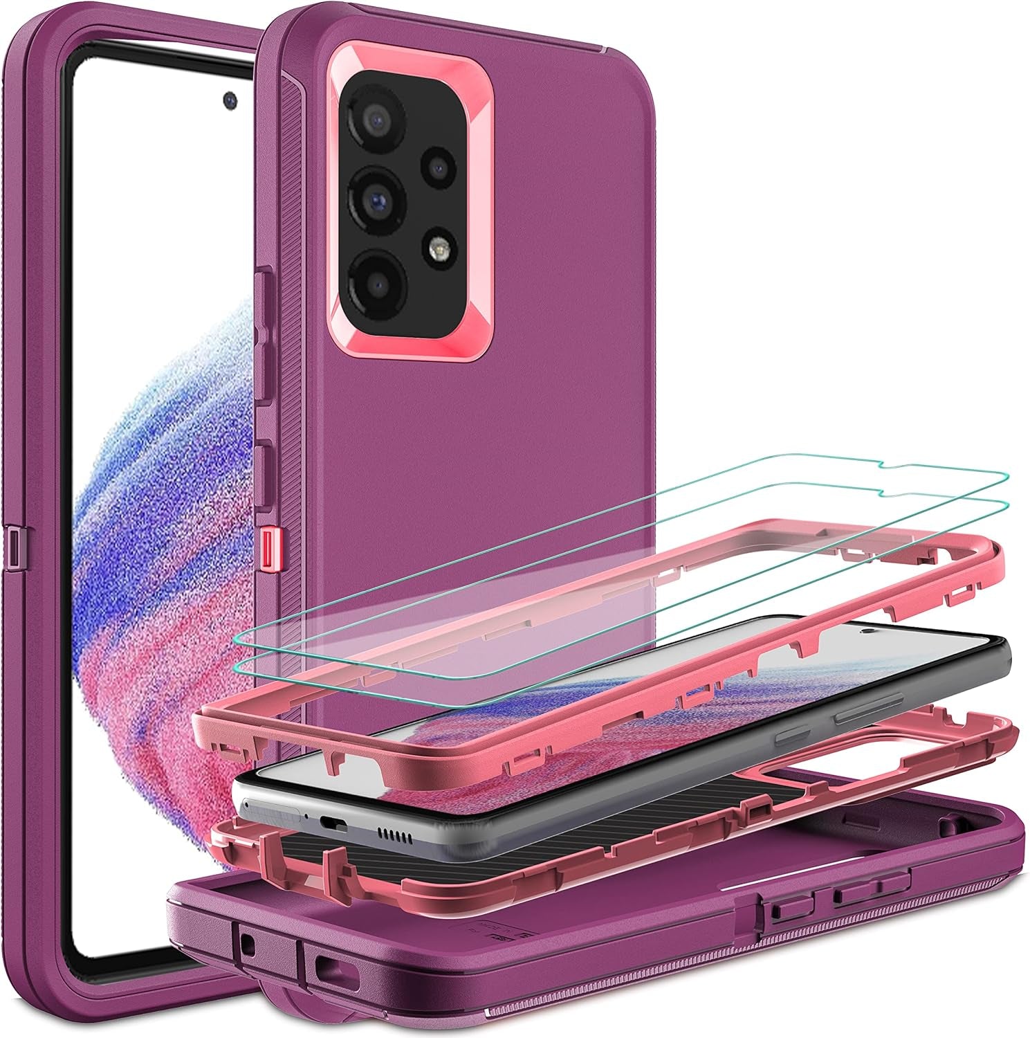 For Samsung A53 5G Case, Galaxy A53 5G Case with 2 Pcs Nano Explosion-Proof Film, 3 in 1 Full Body Shockproof Heavy Duty Protection Case for Samsung Galaxy A53 5G (Aqua Blue/Rose Pink)