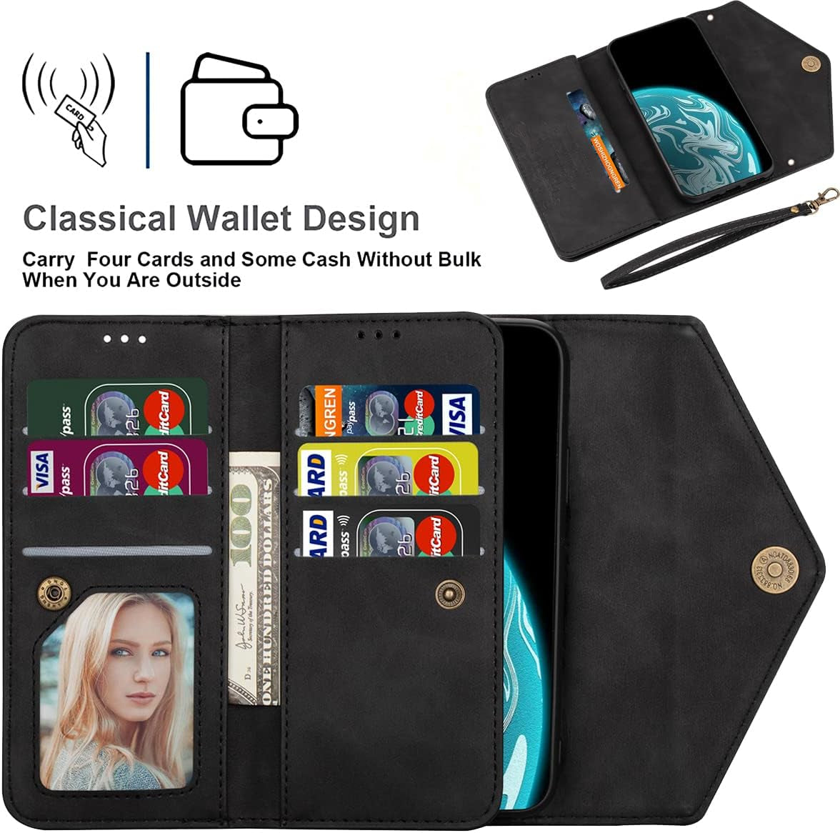 For Samsung Galaxy A53 5G Crossbody Purse Phone Case with Card Holder, Adjustable Lanyard Wallet Cover Cases for Samsung Galaxy A53 Handbag Black