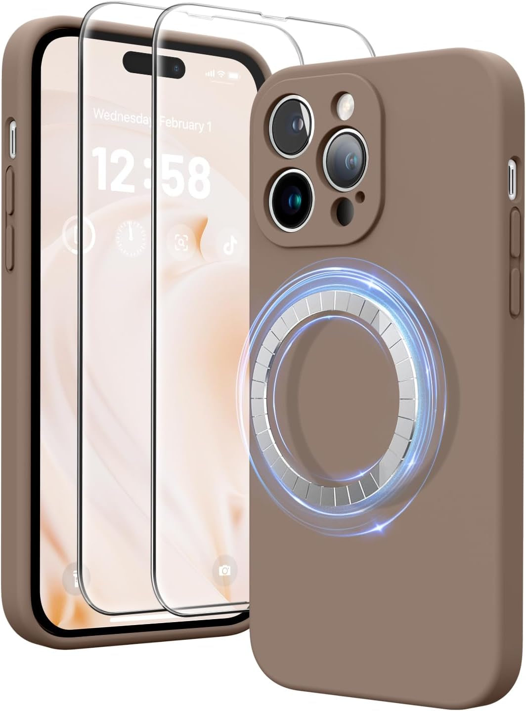 HIKII for Iphone 14 Pro Case Magnetic, Upgraded Silicone [Camera Protection] [Compatible with Magsafe] for Iphone 14 Pro Case with [2 Screen Protectors], 6.1 Inch, Light Brown  HIKII Light Brown  