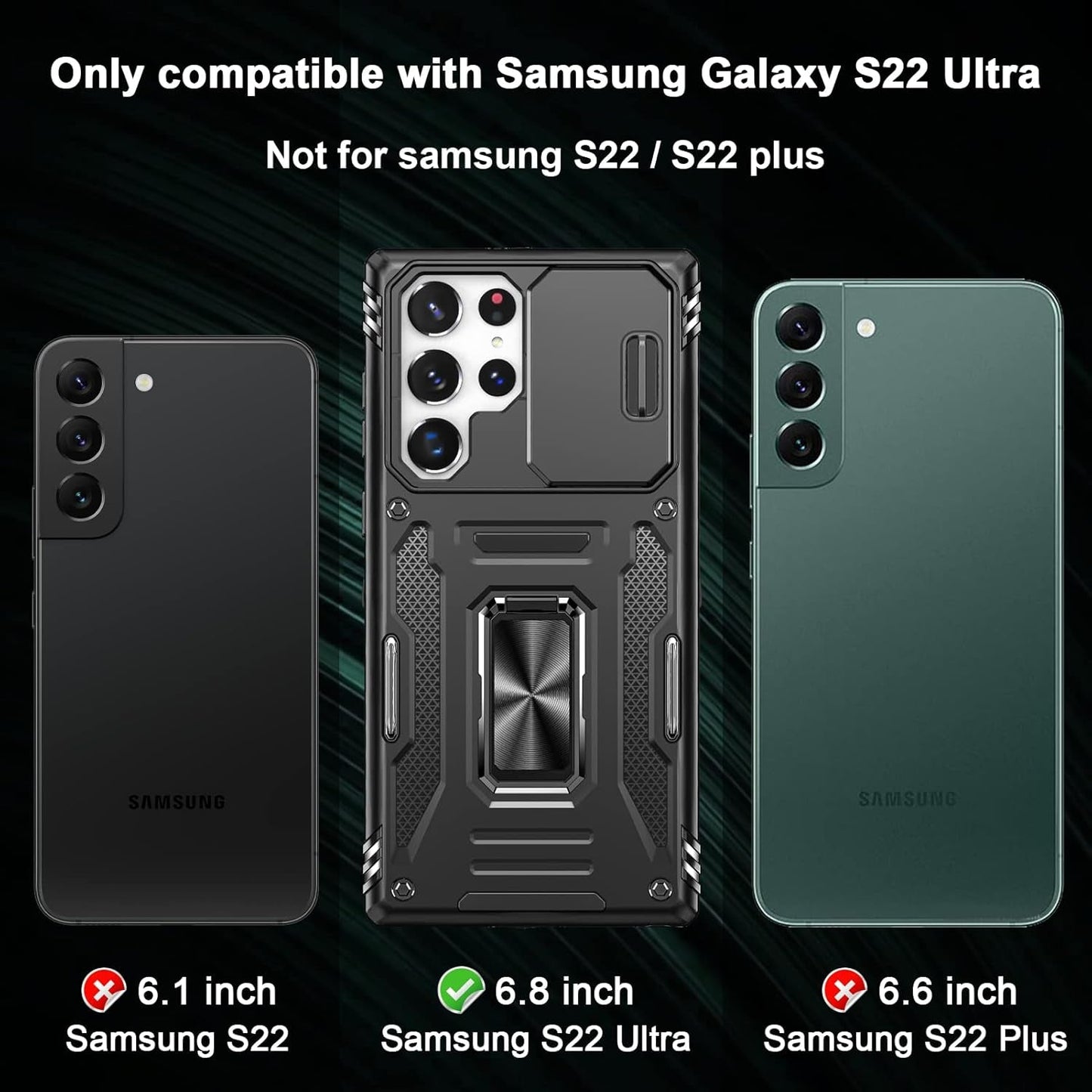 Design for Samsung Galaxy S22 Ultra Case with Stand & Camera Cover, Military Grade Drop Protective Case Built-In 180°+360° Rotate Ring Kickstand,Shockproof Phone Case for Samsung S22 Ultra Case Black