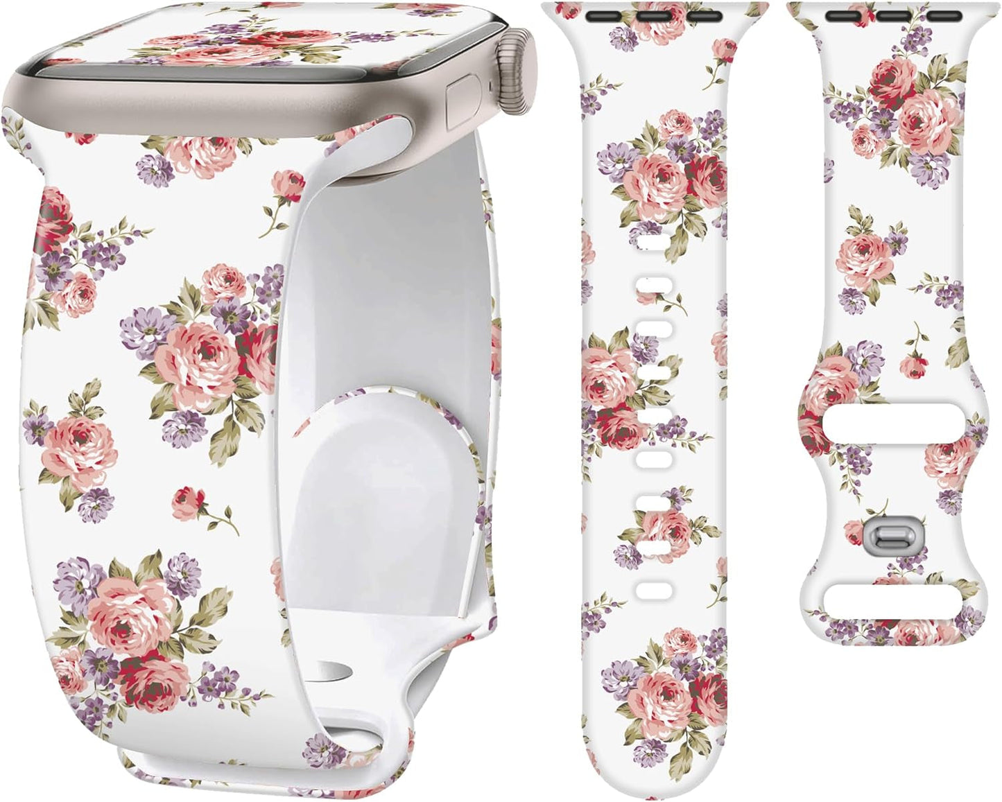 2 Pack Silicone Floral Band for Apple Watch Bands 41Mm 40Mm 38Mm for Women, Cute Flower Printed for Iwatch Bands, Fancy Dressy Soft Sport Strap for Apple Watch Band Series 9 8 7 SE 6 5 4 3