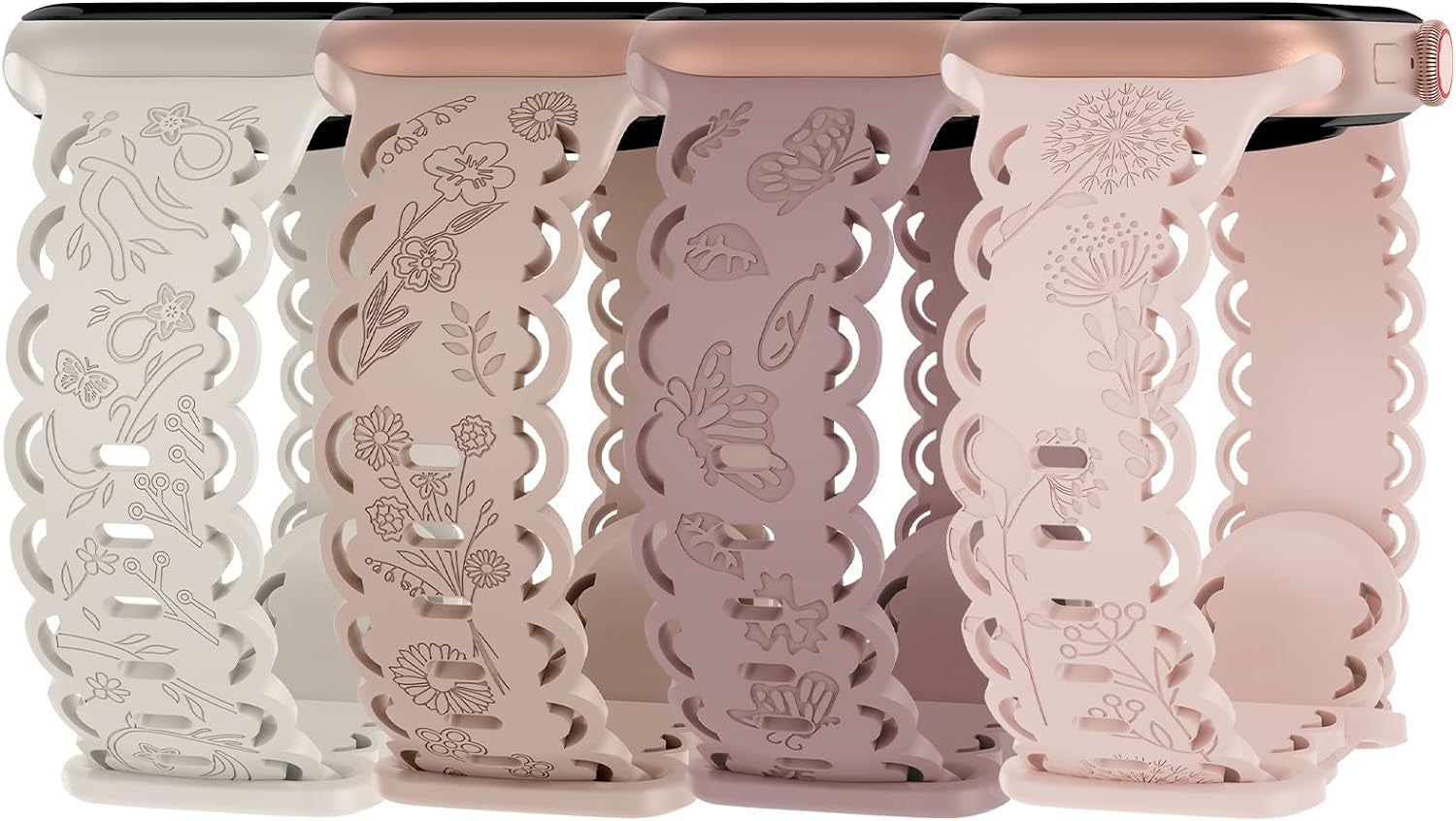 4 Pack Floral Engraved Silicone Bands Compatible with Apple Watch Band 38Mm 40Mm 41Mm 42Mm 44Mm 45Mm 49Mm Women, Soft Lace Cute Strap Flower Wristbands for Iwatch Series 9 8 7 6 5 4 3 2 1 SE Ultra