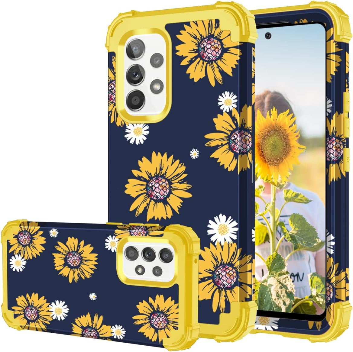 Fingic Samsung A53 5G Case,Samsung Galaxy A53 5G Case, Sunflower 3 in 1 Heavy Duty Hard PC Soft Silicone Rugged Bumper Full-Body Shockproof Protective Phone Case for Samsung Galaxy A53 5G, Yellow