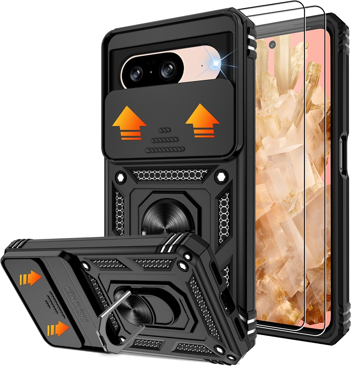 Fit for Google Pixel 8 5G Case with Screen Protector (2 Pack) & Slide Camera Cover, Build in 360° Magnetic Rotating Ring Kickstand [Military Grade] Protective Case for Pixel 8 Case, Green  Gritup Black Google Pixel 8 6.2" 