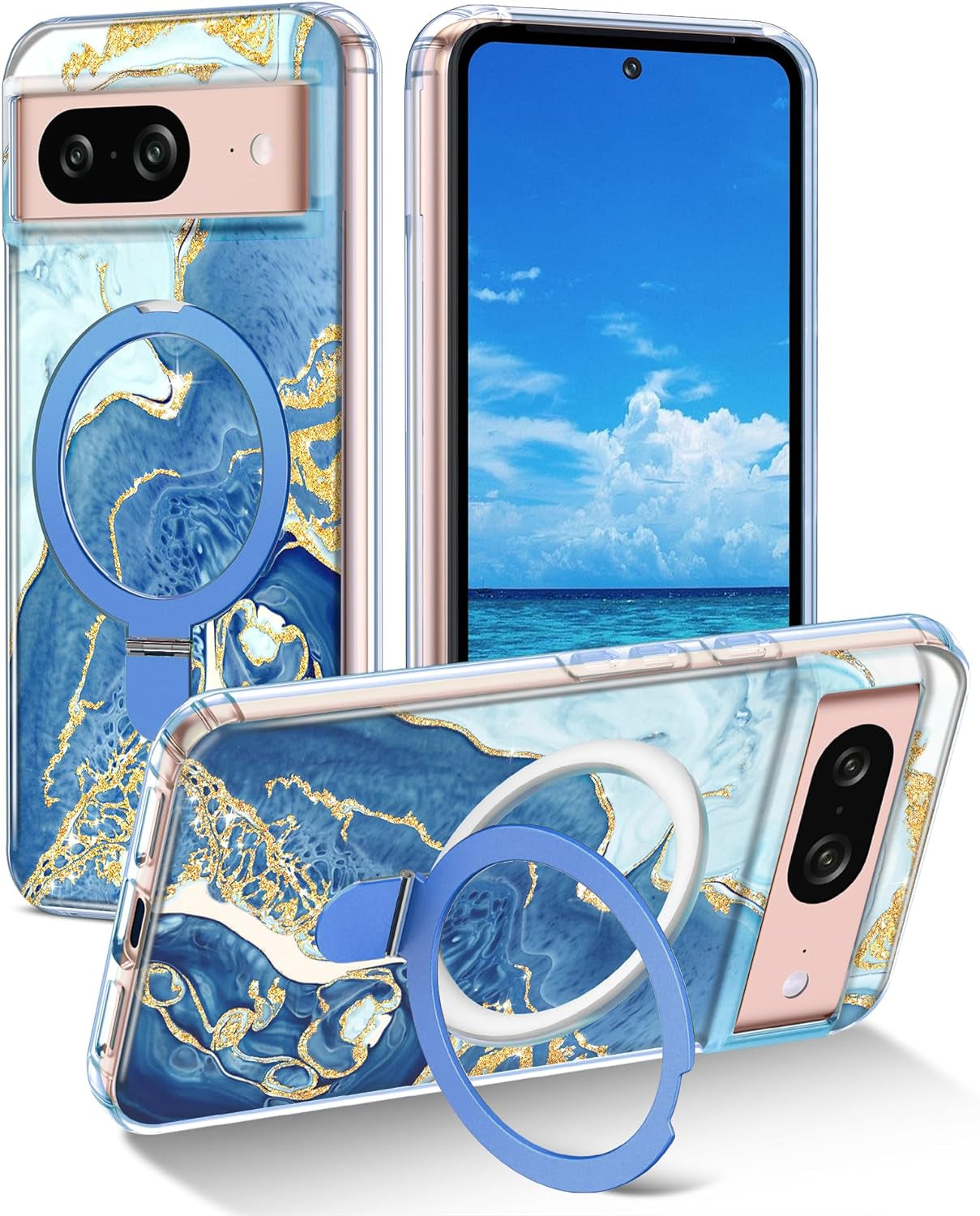 Lamcase Magnetic for Google Pixel 8 Case with Ring Stand [Compatible with Magsafe], Hard PC Slim Full Body Drop Protective Women Girls Men Phone Case for Google Pixel 8, Pink  Lamcase Blue White For Google Pixel 8, 6.2 Inch 