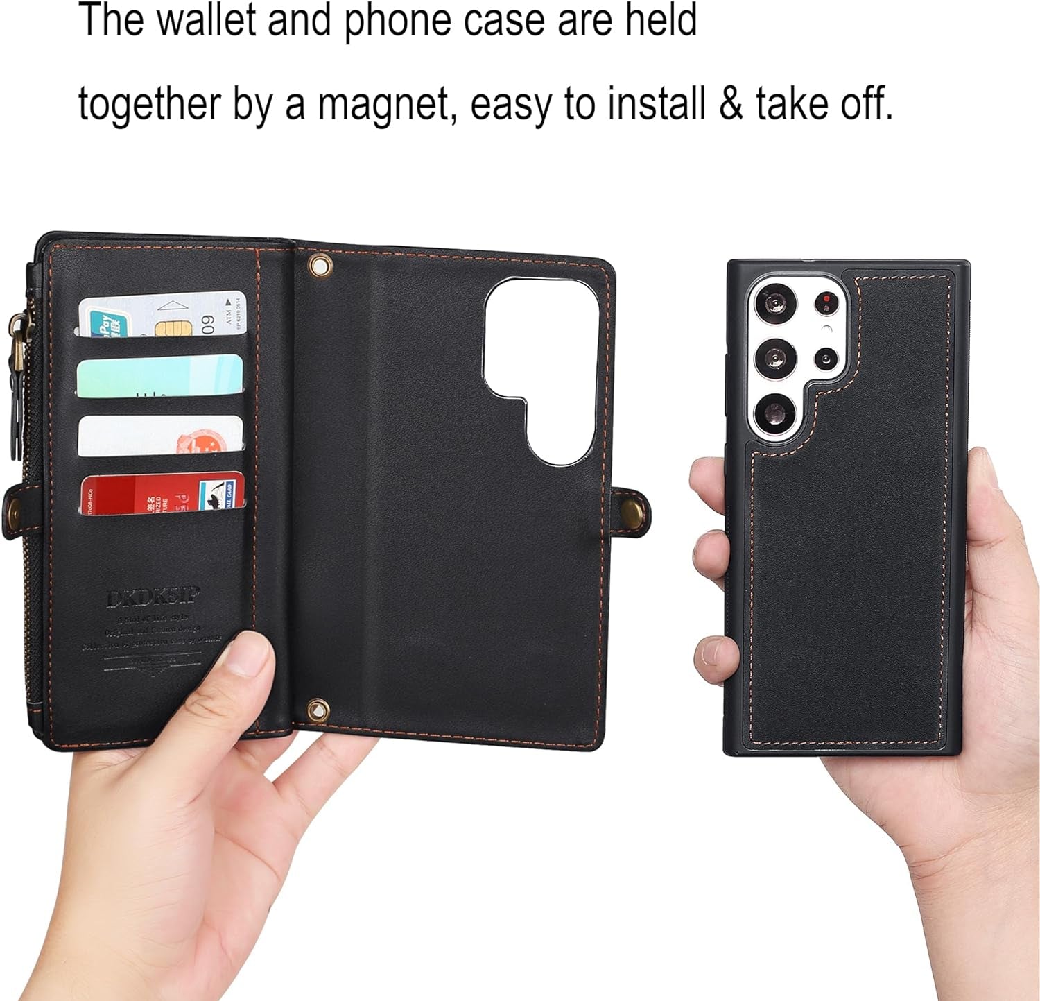 For Samsung Galaxy S22 Ultra Wallet Case for Women, Support Wireless Charging with RFID Blocking Card Holder, Leather Zipper Detachable Magnetic Phone Case with Crossbody Strap Lanyard, Black