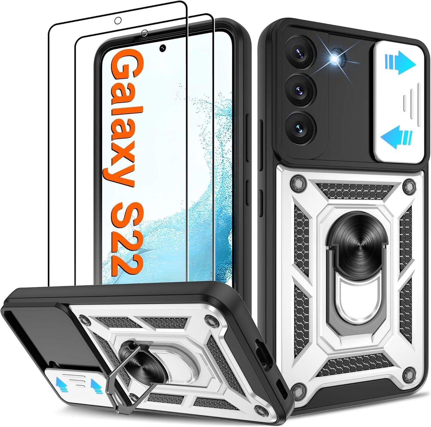 ATUMP for Samsung Galaxy S22 Ultra Case with (2 Pcs) HD Screen Protector, Heavy Duty Shockproof with 360° Rotation Metal Kickstand [Military Grade] Protective Case for S22 Ultra, Blue