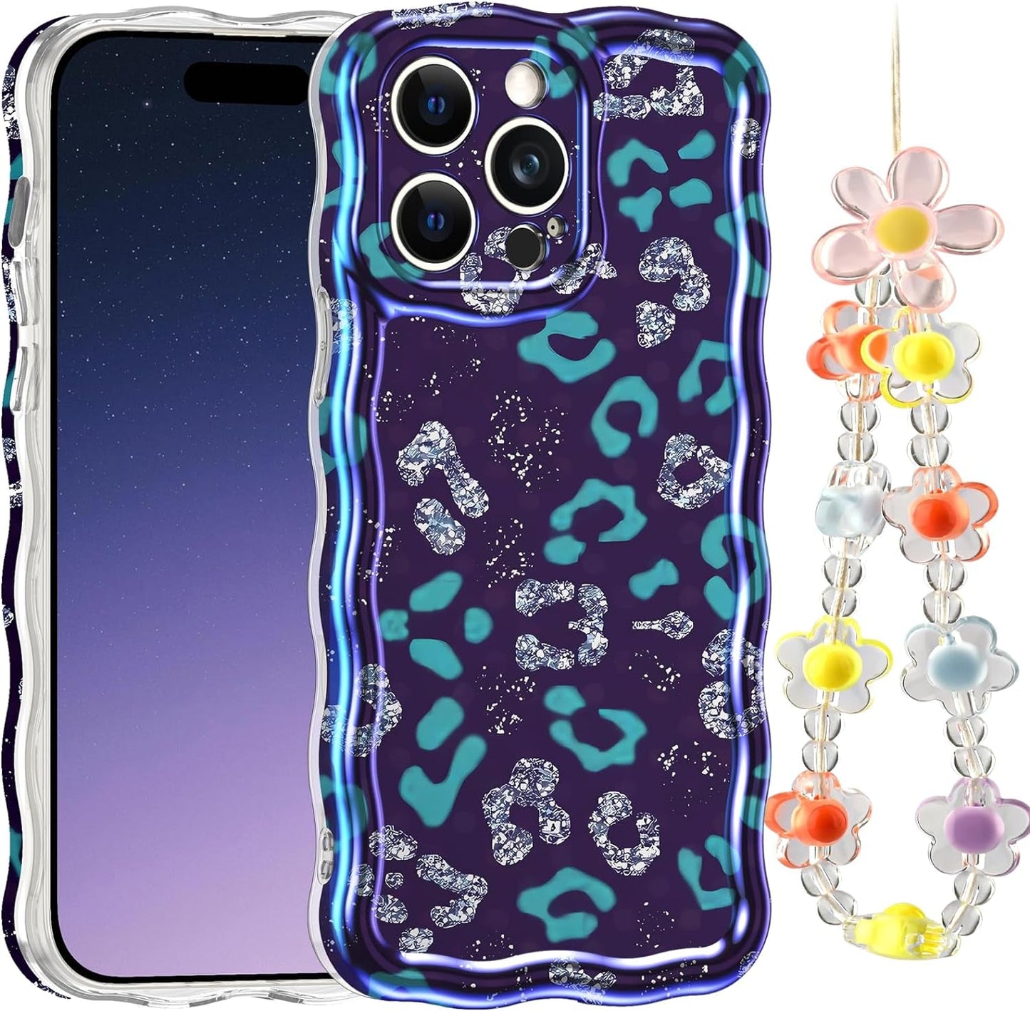 LONTECT for Iphone 14 Pro Max Case Shockproof Slim Full Body Protective Cute Curly Wave Border Camera Protection Cover+Flower Beads Chain Girls Women Case for Apple Iphone 14 Pro Max,Pink Butterfly  Lontect   