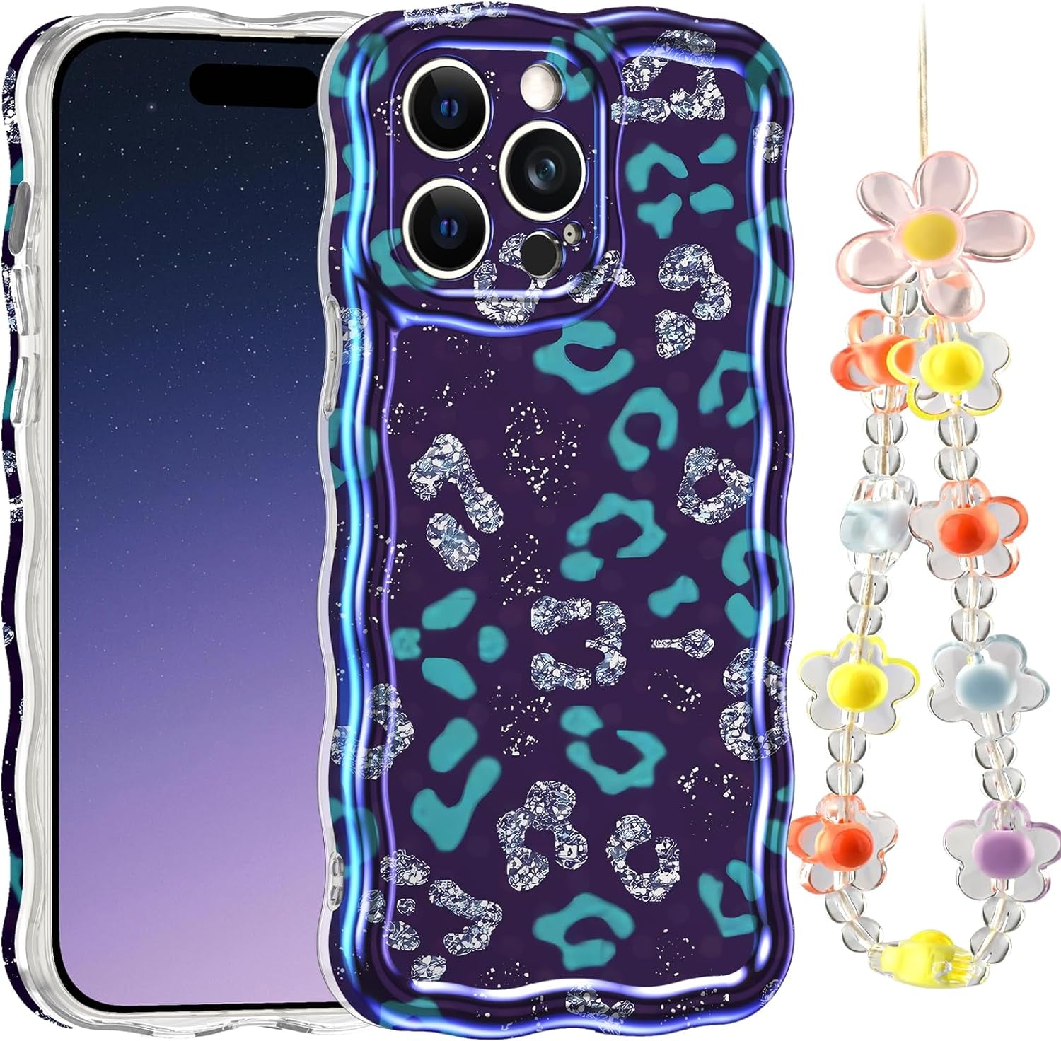 LONTECT for Iphone 14 Pro Max Case Shockproof Slim Full Body Protective Cute Curly Wave Border Camera Protection Cover+Flower Beads Chain Girls Women Case for Apple Iphone 14 Pro Max,Pink Butterfly  Lontect   