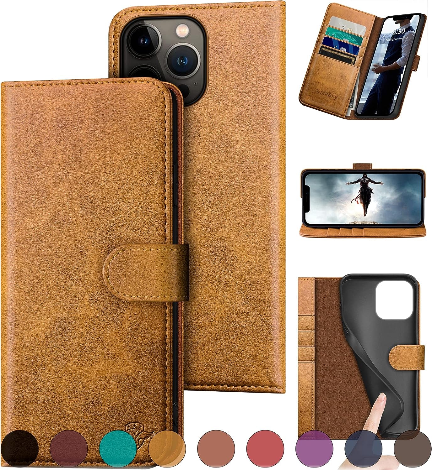 Ducksky for Iphone 15 Pro 6.1" Genuine Leather Wallet Case 【RFID Blocking】【4 Credit Card Holder】【Real Leather】 Flip Folio Book Phone Case Protective Cover Women Men for Apple 15 Pro Case Khaki  DuckSky   