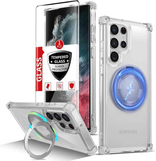 For Samsung Galaxy S22 Ultra Case Magnetic Compatible with Magsafe Galaxy S22Ultra Case with Glass Screen Protector,With Kickstand Military Grade Drop Protection Shockproof S22Ultra Case Clear