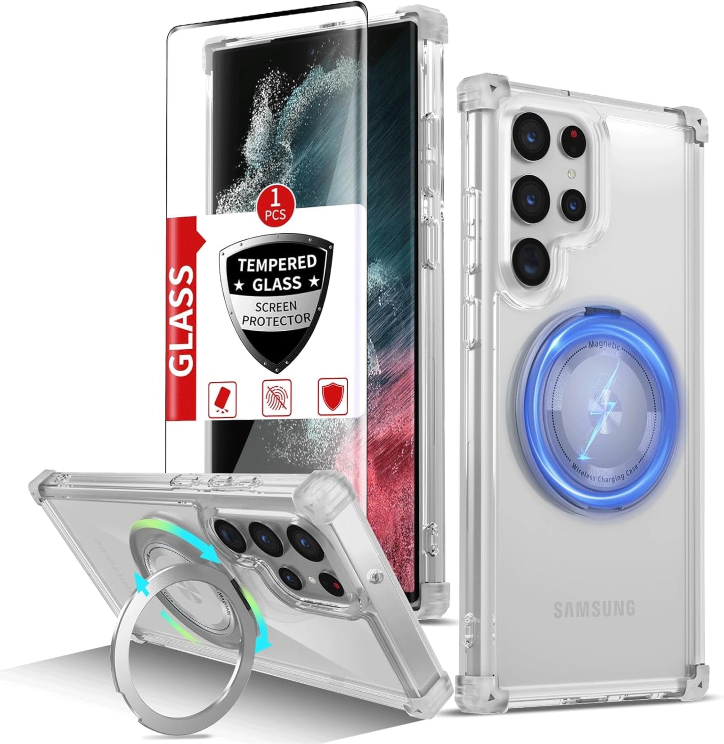 For Samsung Galaxy S22 Ultra Case Magnetic Compatible with Magsafe Galaxy S22Ultra Case with Glass Screen Protector,With Kickstand Military Grade Drop Protection Shockproof S22Ultra Case Clear