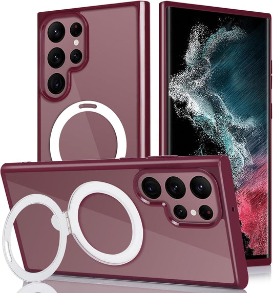 Cavor for Samsung Galaxy S22 Ultra Phone Case Magsafe for Women,S22 Ultra Case with Kickstand, Magnetic Case for Samsung S22 Ultra Case, Full-Body Shockproof Slim Women Case-Crystal Clear-Wine Red
