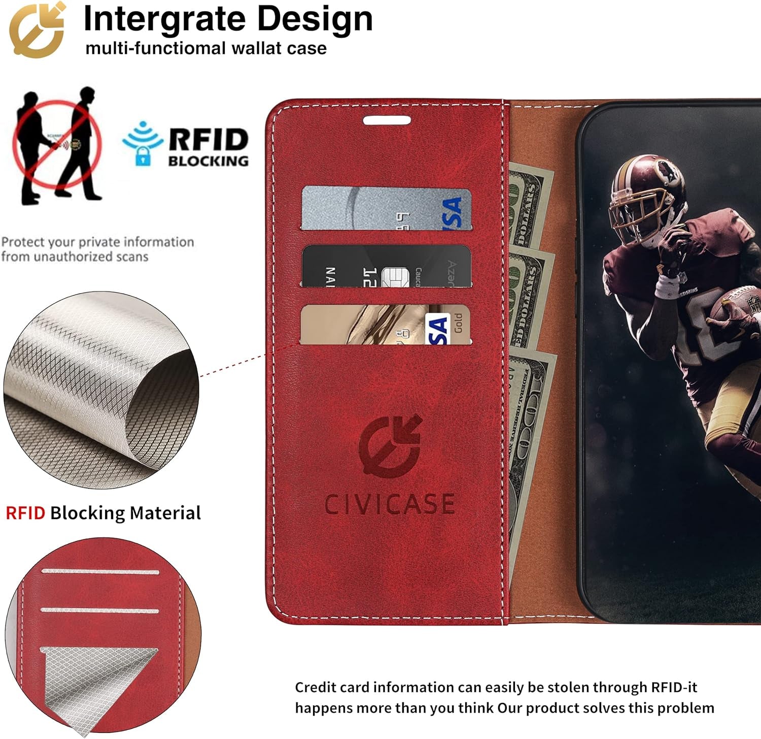 CIVICASEA for Samsung Galaxy S22+/Plus Wallet Case, Flip Case with RFID Blocking Credit Card Holder, PU Leather Matching Phone Case Samsung S22 plus Red&