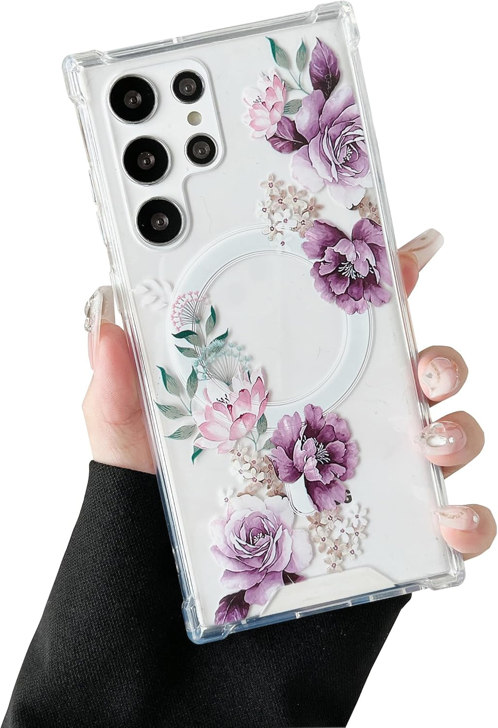 DEFBSC Magnetic Case for Samsung Galaxy S22 Ultra [Work with Magsafe] Clear Floral Flower Pattern Print Design Flexible Acrylic Shockproof Cover Flower Protective Phone Case, Purple Peony
