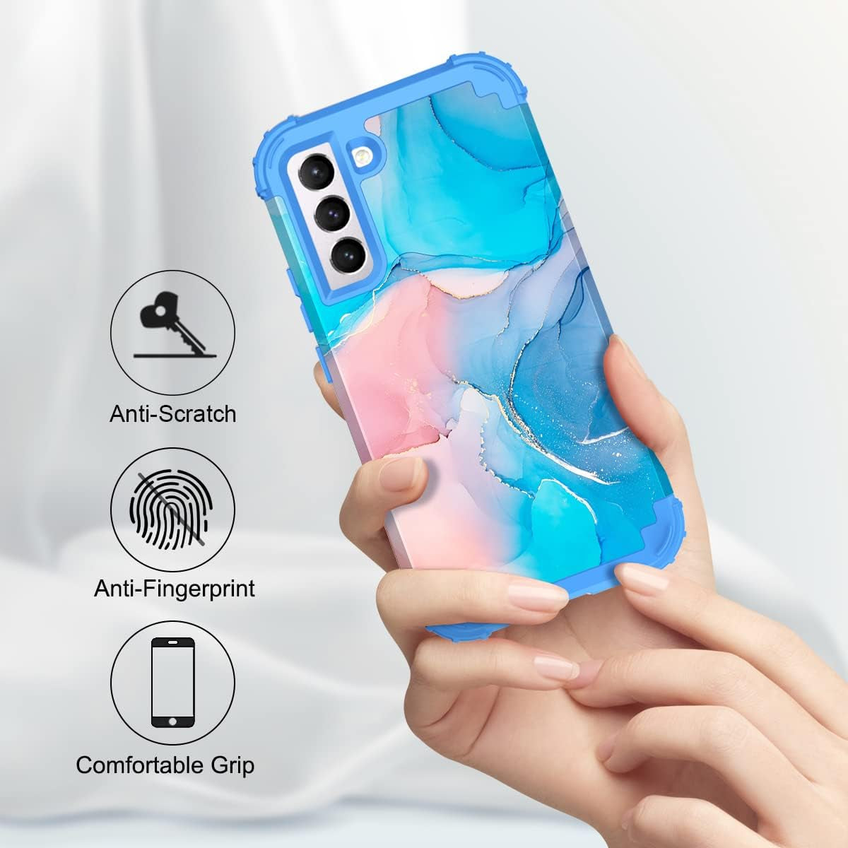 Fingic Galaxy S22 Case,Samsung Galaxy S22 Case Marble 3 in 1 Heavy Duty Protection Hybrid Hard PC Soft Silicone Rugged Bumper Case for Women Men Non-Slip Slim Phone Case for Samsung Galaxy S22,Blue
