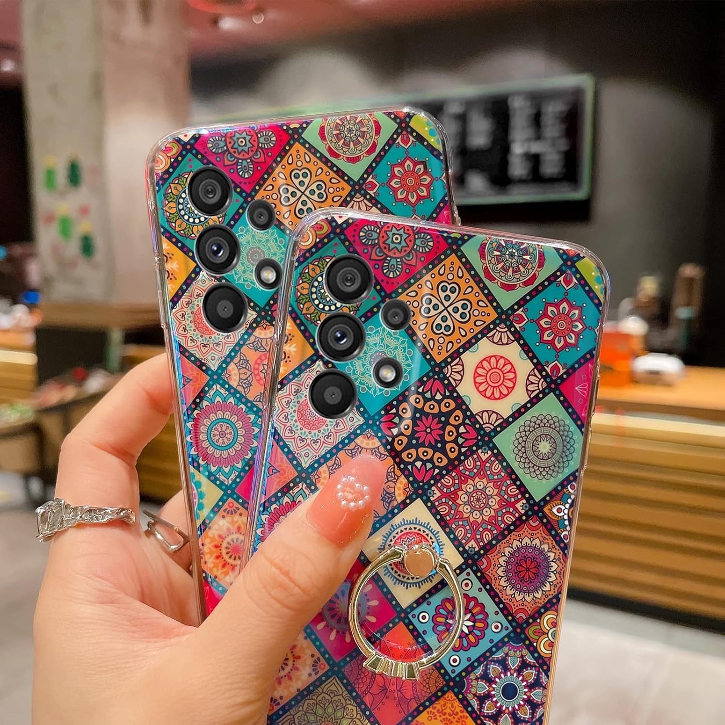Case for Galaxy A53 5G Retro Floral Slim Cute Bumper Shockproof Protection Phone Case for Girls Women with Gold Ring Stand Flower Ethnic Style Cover for Samsung Galaxy A53 5G - Mandala