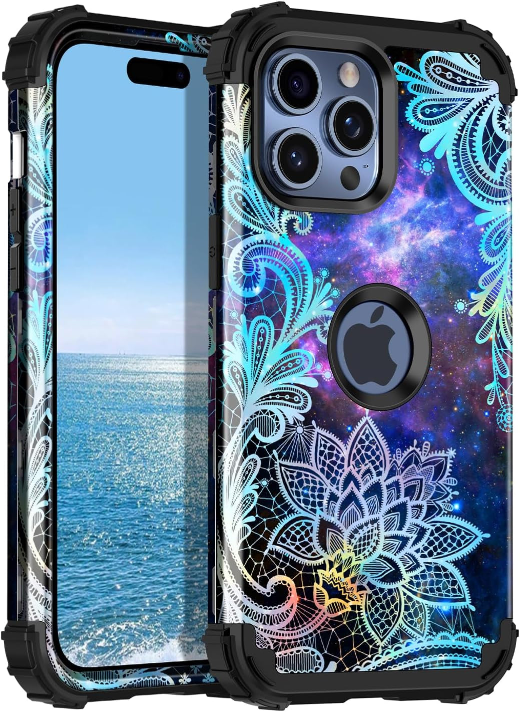 Casetego for Iphone 15 Pro Max Case,Two Layer Heavy Duty Sturdy Shockproof Full Body Rugged Hard Pc+Soft TPU Bumper Protective Girls Cover Case for Apple Iphone 15 Pro Max 6.7 Inch,Black  Casetego Blue Mandala  