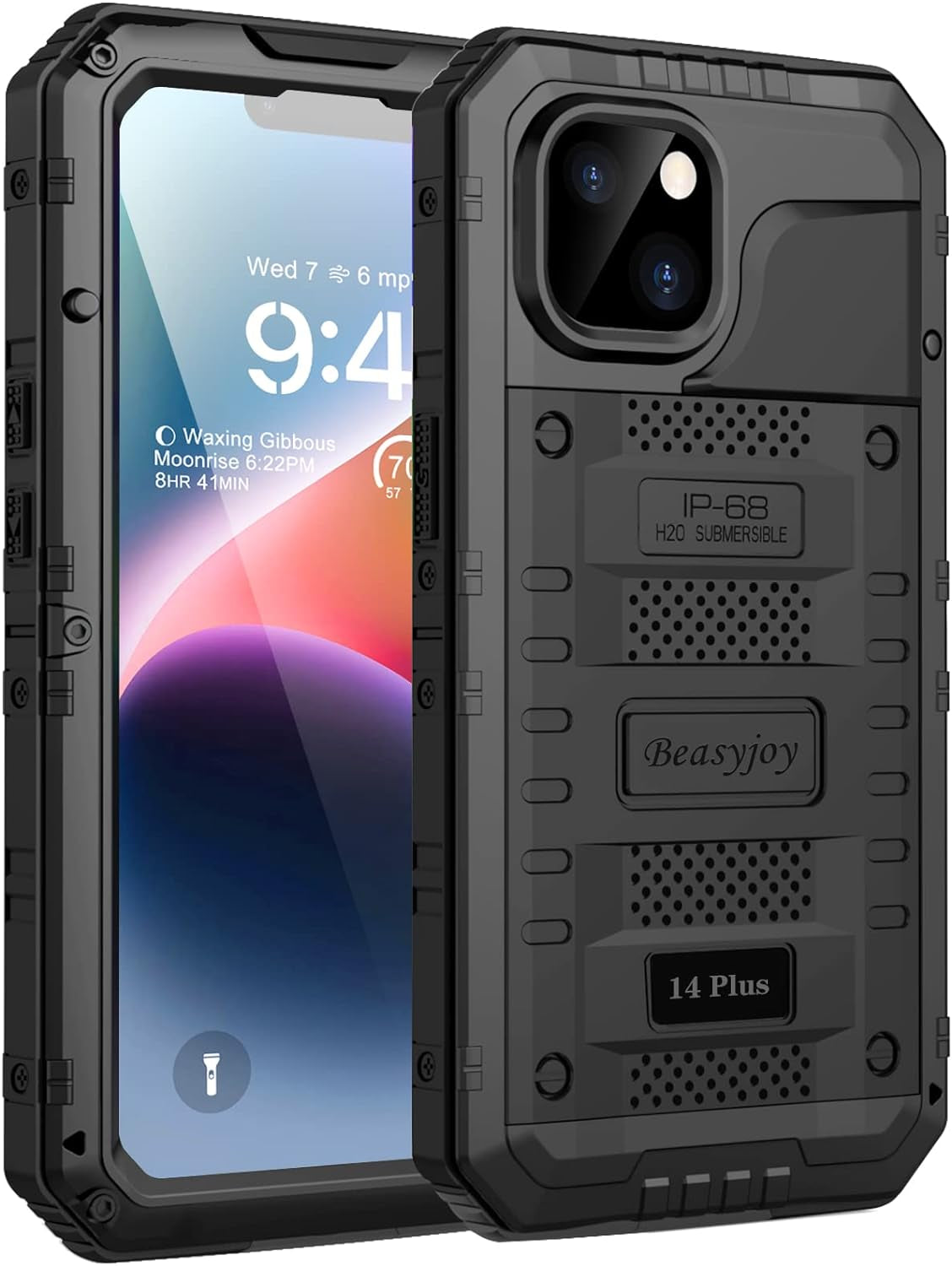 Beasyjoy Waterproof Case for Iphone 14 Pro, Metal Full Body Sealed Phone Case with Built-In Screen Protector, Military Grade Heavy Duty Defender Armor Shockproof Rugged Case 6.1 Inch, Camo  Beasyjoy Black Iphone 14 Plus 