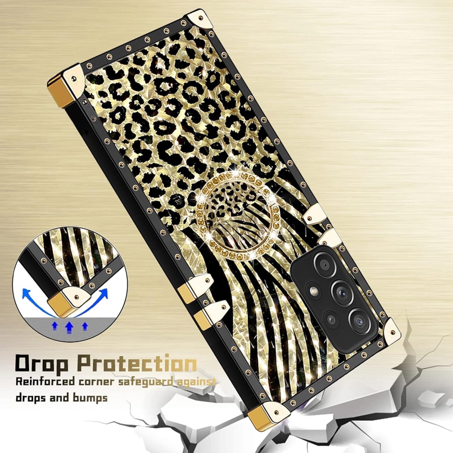 Case for Galaxy A53 5G, for Samsung A53 5G Phone Case with Ring Stand Retro Elegant Luxury Sparkle Leopard Cheetah Print Design Gold Full Protection Square Protective Phone Cover for Girls Women