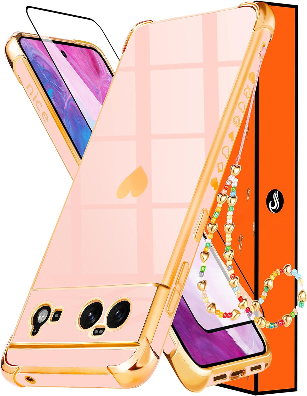 Shorogyt (3In1 Heart Case for Google Pixel 6 Case 5G 6.4 Inch Women Cute Aesthetic Love Hearts Pattern Girls Gold Luxury Girly Design Phone Cases Cover+Screen+Chain for Pixel 6 Case 5G 6.4''  qunxiner Pink For Google Pixel 6 