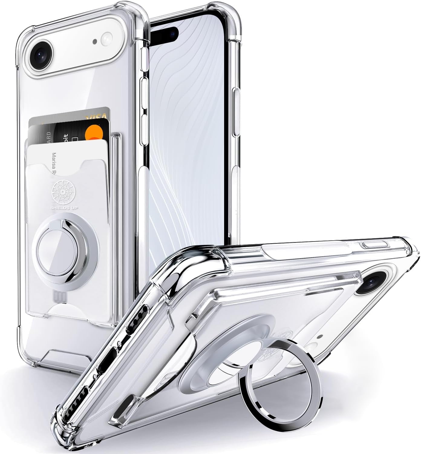 Shields up Designed for Iphone 17 Pro Max Case, Minimalist Wallet Case with Card Holder (3 Cards) & Ring Stand/Kickstand, [Drop Protection] Slim Protective Cover for Iphone 17 Pro Max (6.9 Inch) Clear