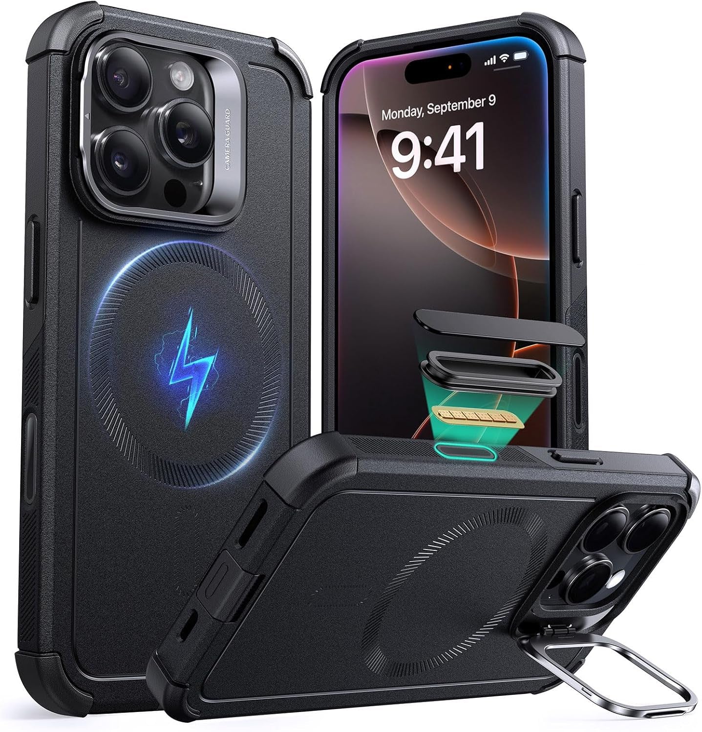 ESR for Iphone 17 Pro Case with Stash Stand, 7X Military-Grade Drop Protection with Camera Control, Shock-Absorbing Phone Rugged Cover, Compatible with Magsafe Accessories, Cyber Series, Black