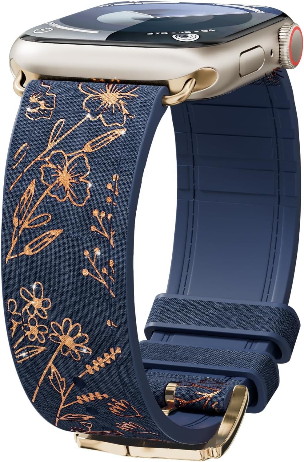 Bling Floral Bands for Apple Watch Band 40Mm 41Mm 44Mm 45Mm 38Mm 42Mm Ultra/2 49Mm Women,Eco-Leather Silicone Hybrid,Glitter Flower Sparkly Pattern Elegant Strap for Iwatch Series 9 8 7 6 5 4 3 2 SE